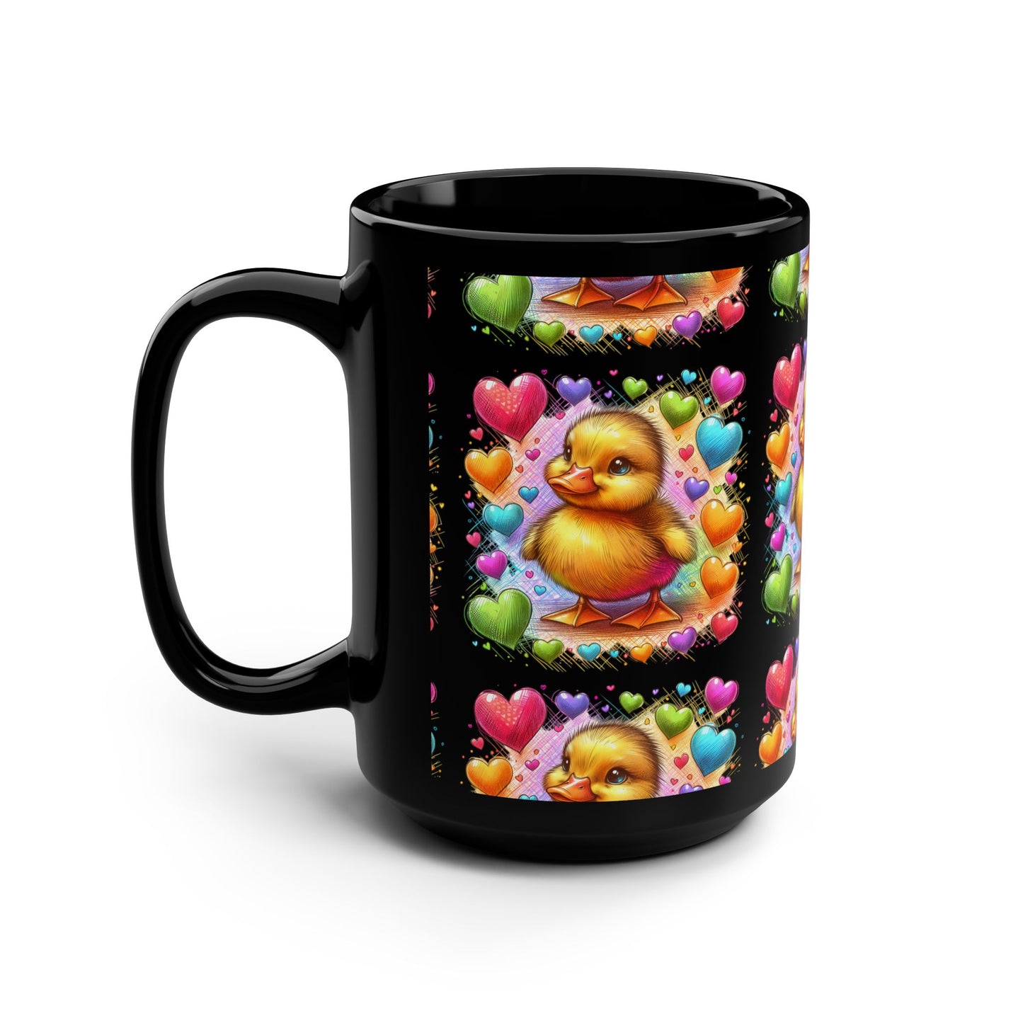 Cute Duck 15oz Black Mug - Colorful Heart Design