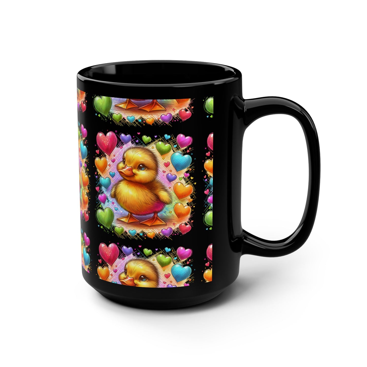 Cute Duck 15oz Black Mug - Colorful Heart Design