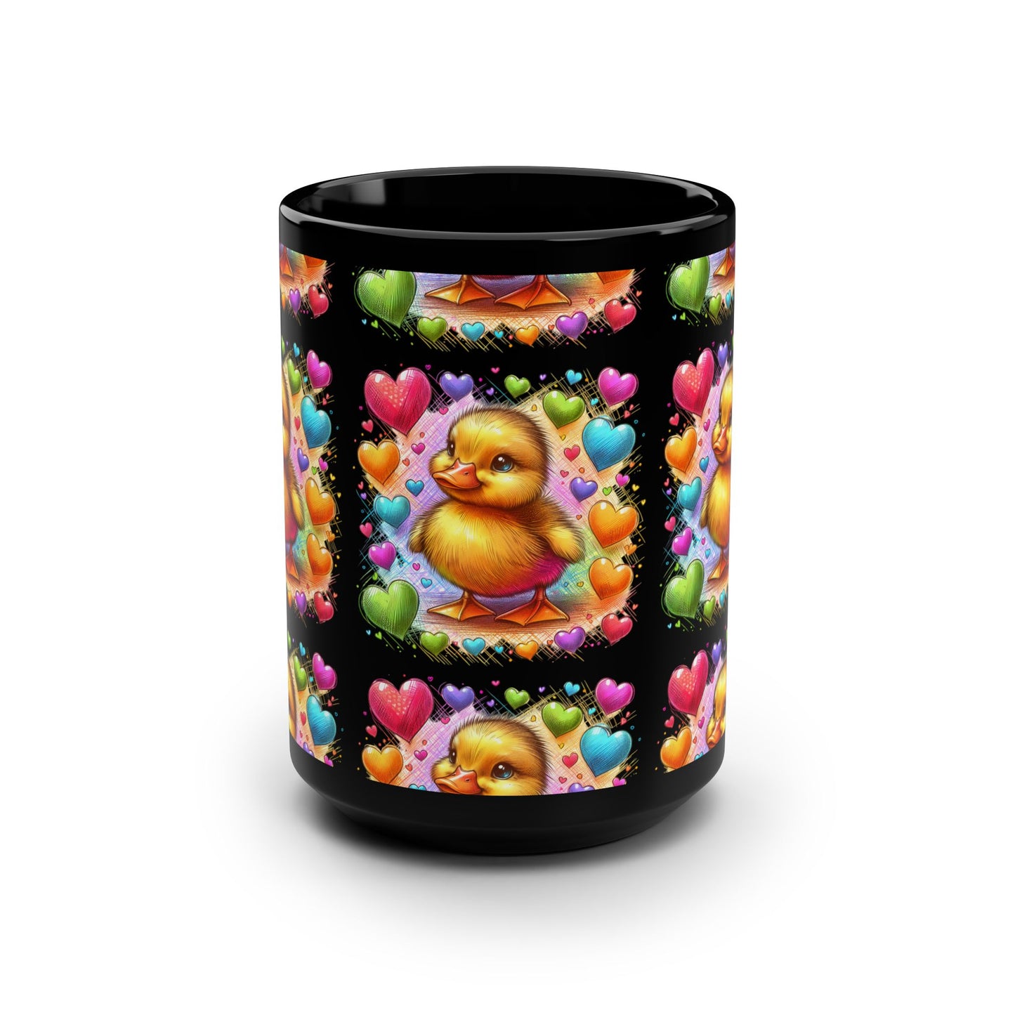 Cute Duck 15oz Black Mug - Colorful Heart Design